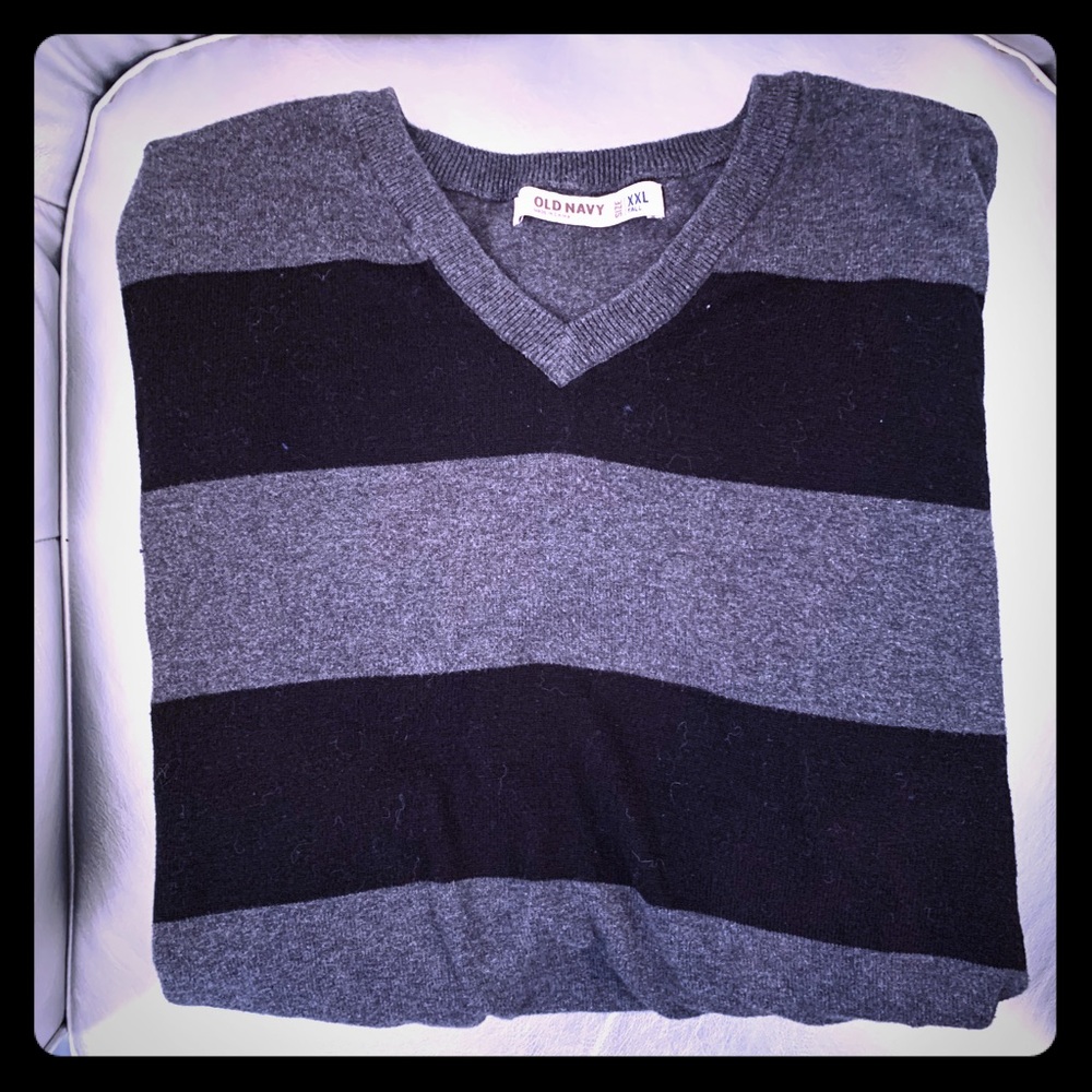 Old Navy V Neck Black Grey Stripe Cozy Sweater XXL
